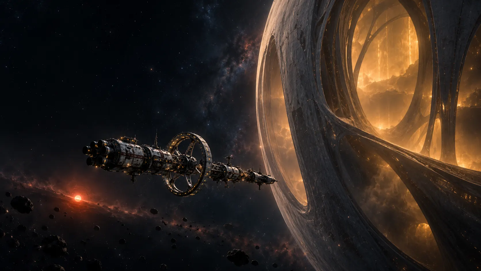 The colony ship Meridian drifting beside the Lantern, a vast alien structure glowing amber from within, under a dim red star.